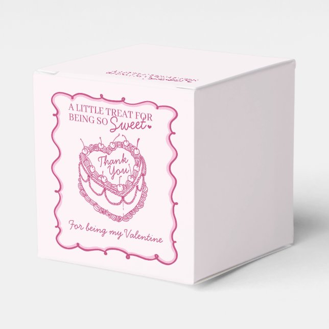 Pink Retro Heart Coquette Cherry Cake Valentine Favor Boxes (Front Side)