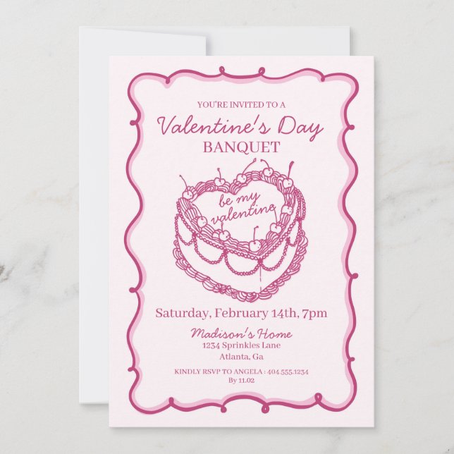 Pink Retro Heart Coquette Cherry Cake Valentine Invitation (Front)