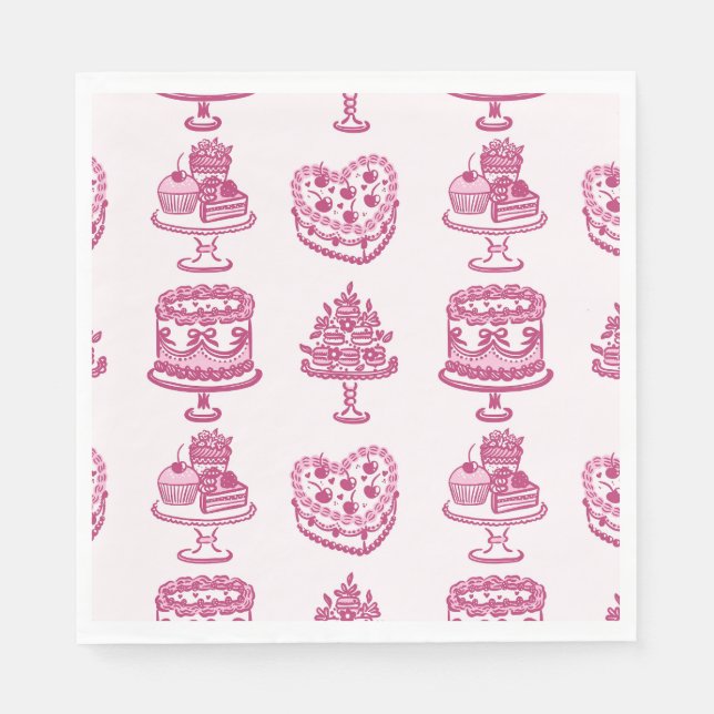 Pink Retro Heart Coquette Cherry Cake Valentines Napkins (Front)