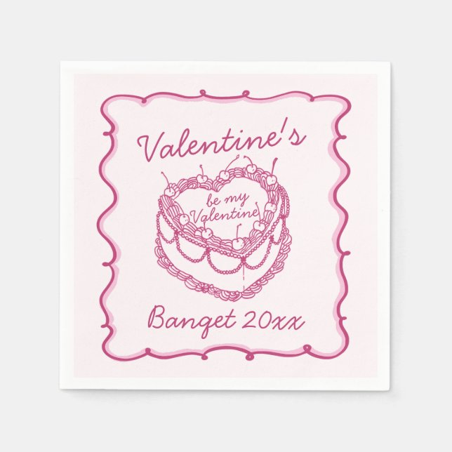 Pink Retro Heart Coquette Cherry Cake Valentines Napkins (Front)