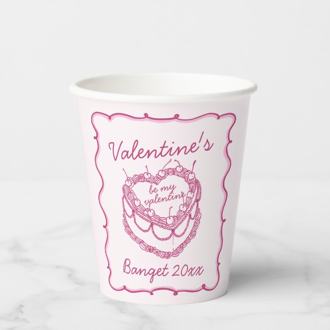 Pink Retro Heart Coquette Cherry Cake Valentines Paper Cups (Front)
