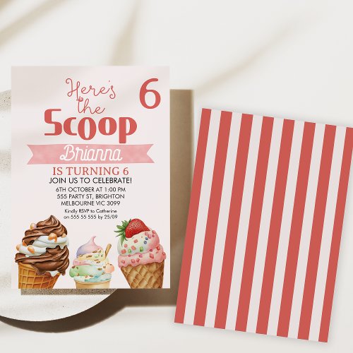 Pink Retro Heres The Scoop Ice_cream Birthday  Invitation