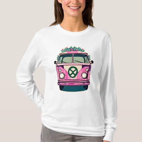 Pink Retro Hippie Van floral Vintage Colors Art T_Shirt