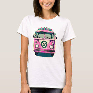 Pink Retro Hippie Van floral Vintage Colors Art T-Shirt