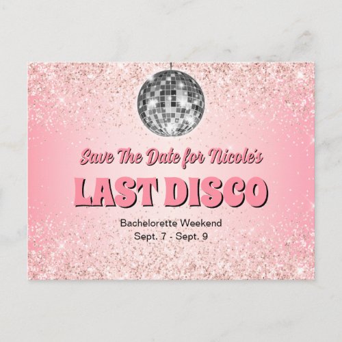 Pink Retro Last Disco Bachelorette Save The Date Postcard