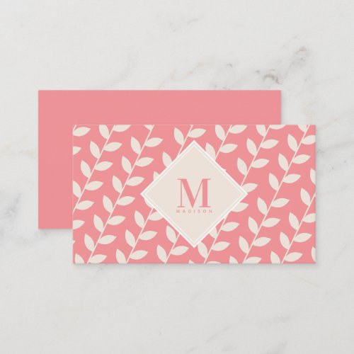 Pink Retro Leaf Monogram Initial  Business Card