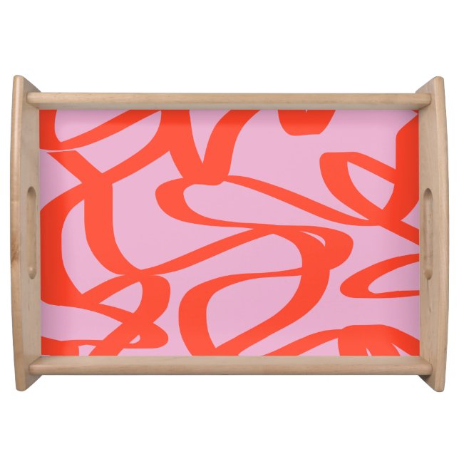 Pink Retro Lines Modern Abstract Brush Shapes Serving Tray (Front)