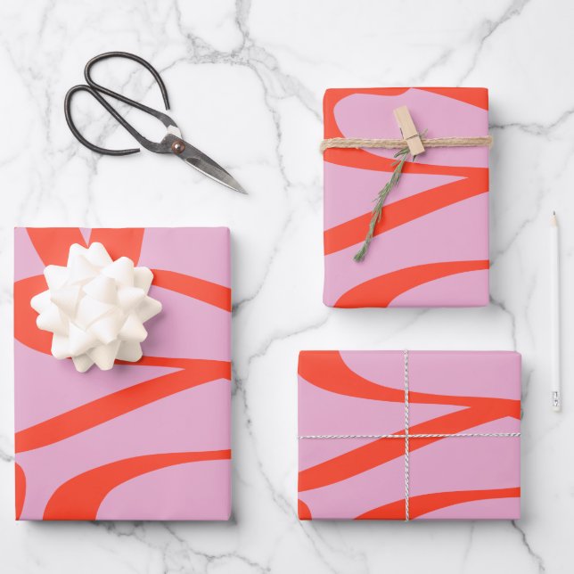 Pink Retro Lines Modern Abstract Brush Shapes Wrapping Paper Sheets (Front)
