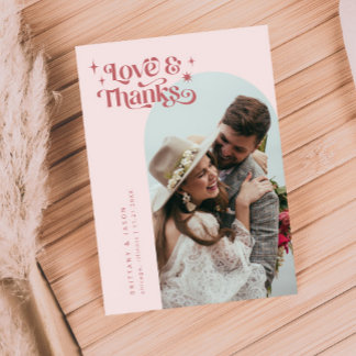 Pink Retro Love and Thanks White Arch Wedding Thank You Card