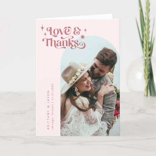 Pink Retro Love and Thanks White Arch Wedding   Thank You Card