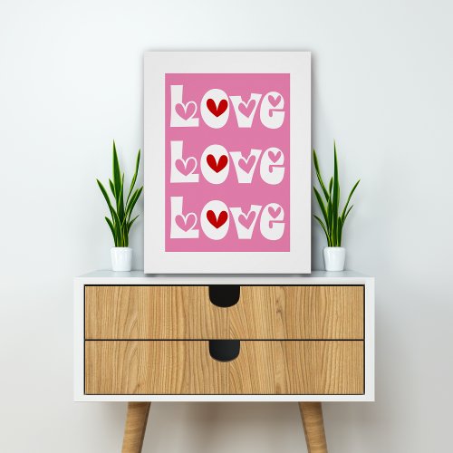Pink retro LOVE typography with red hearts Poster