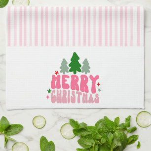 Pink Retro Merry Christmas Kitchen Towel