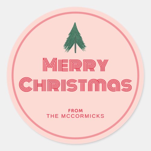 Pink Retro Merry Christmas Personalized Classic Round Sticker