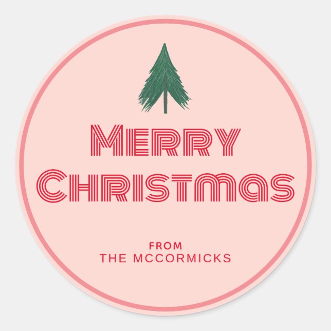 Pink Retro Merry Christmas Personalized Classic Round Sticker (Front)