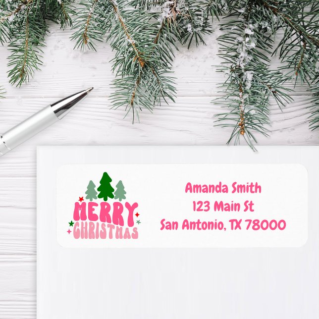 Pink Retro Merry Christmas Return Address Label (Retro Christmas Address Sticker)