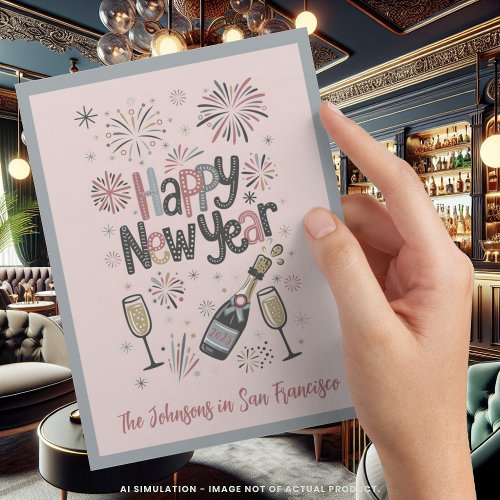 Pink Retro Mid Century Modern Style Happy New Year Holiday Postcard