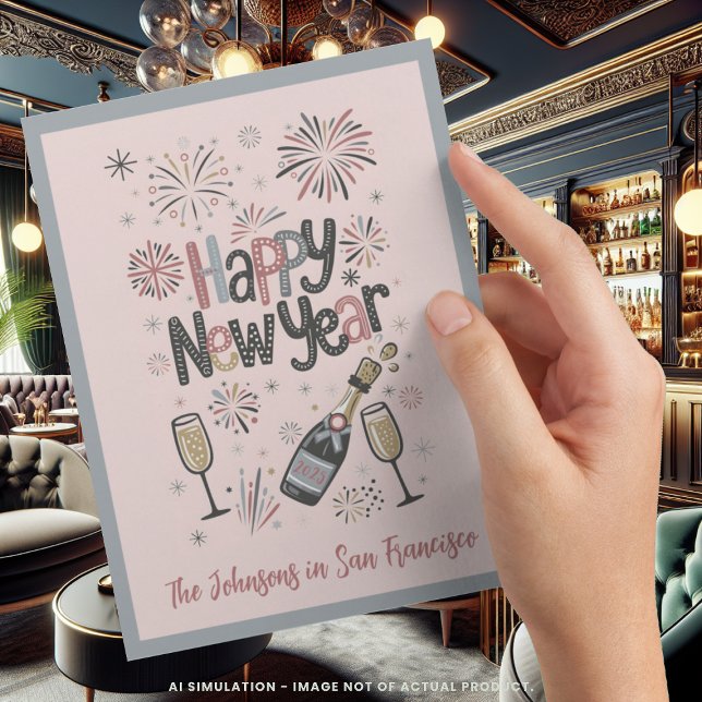 Pink Retro Mid Century Modern Style Happy New Year Holiday Postcard (Creator Uploaded)