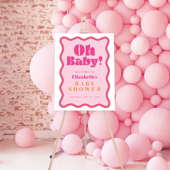 Pink Retro Oh Baby Wavy Frame Baby Shower Welcome  Foam Board (Creator Uploaded)