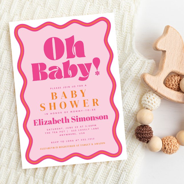 Pink Retro Oh Baby Wavy Squiggle Frame Baby Shower Invitation (Creator Uploaded)