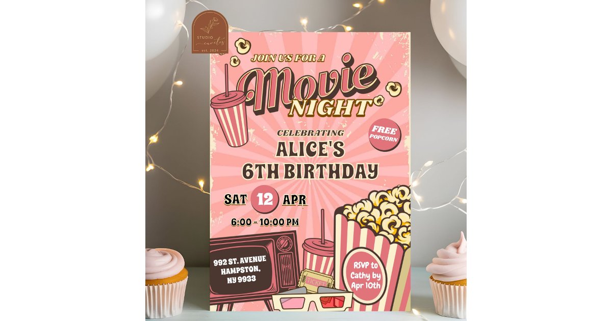 Pink Retro Outdoor Movie Night Birthday Girl Invitation | Zazzle