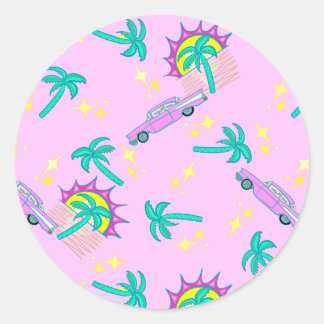 pink retro palm trees and car classic round sticker