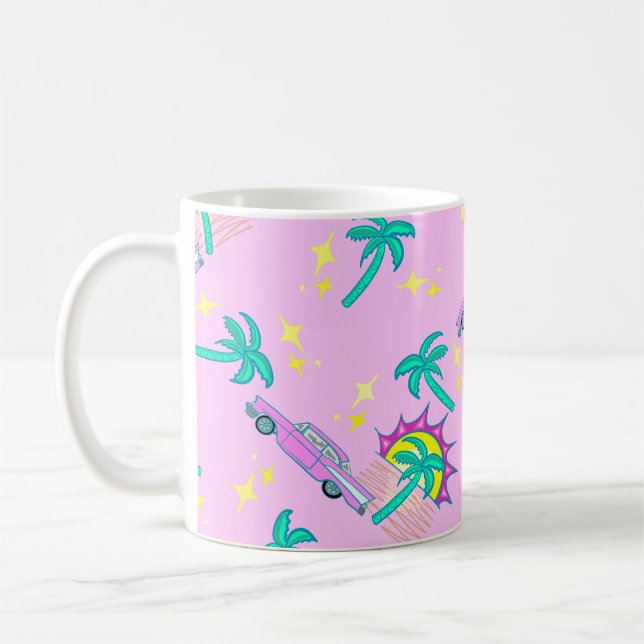pink retro palm trees and car coffee mug (Left)