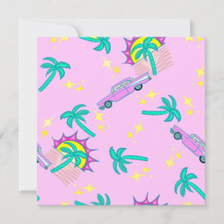 pink retro palm trees and car invitation