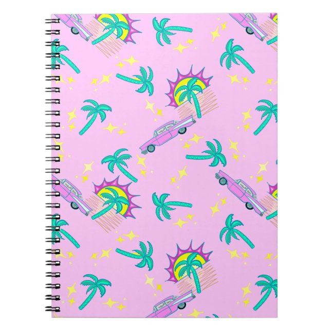 pink retro palm trees and car notebook (Front)