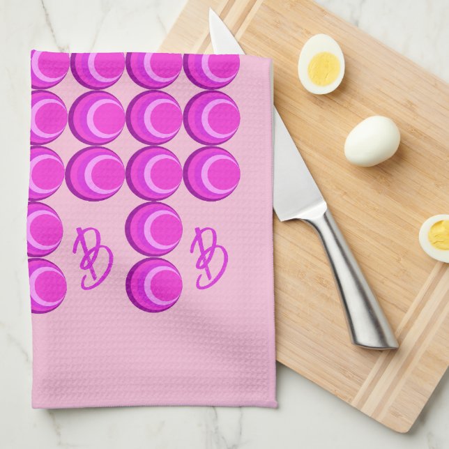 Pink retro pattern in trendy style with monogram kitchen towel (Quarter Fold)