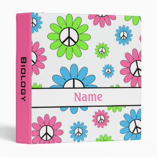 Pink Retro Peace Sign Pattern School 3 Ring Binder