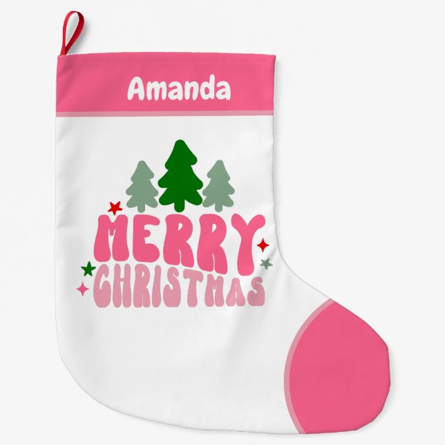 Pink Retro Personalized Christmas Large Christmas Stocking (Front)