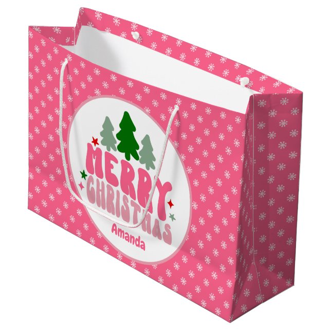 Pink Retro Personalized Christmas Large Gift Bag (Front Angled)