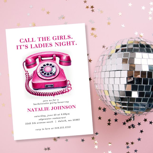 Pink Retro Phone Call the Girls Bachelorette Party Invitation (Get ready to celebrate the bride-to-be with our Pink Retro Phone Bachelorette Party Invitation!)