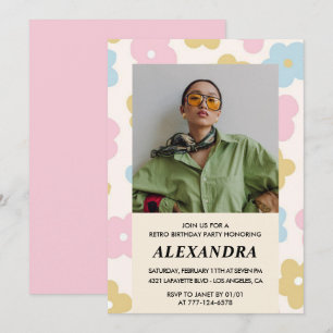 Pink Retro Photo Floral 36th birthday invitation
