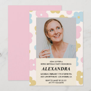 Pink Retro Photo Floral 41st birthday invitation
