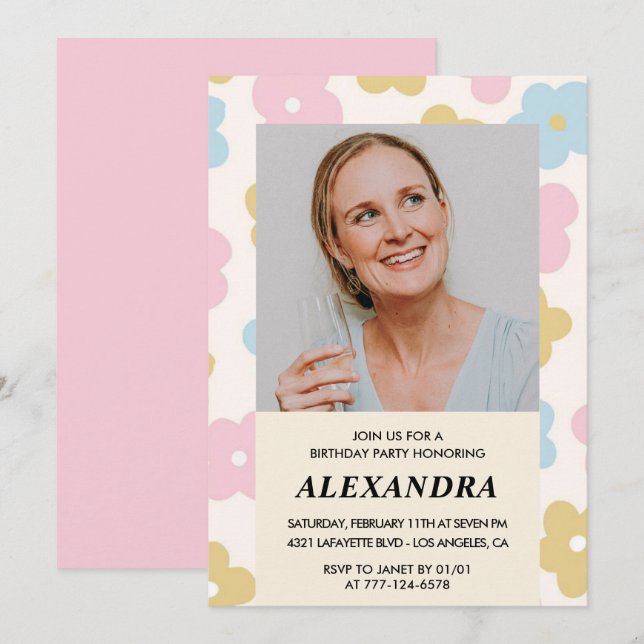 Pink Retro Photo Floral 64th birthday invitation  (Front/Back)