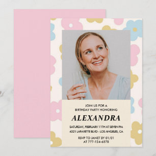 Pink Retro Photo Floral 64th birthday invitation 