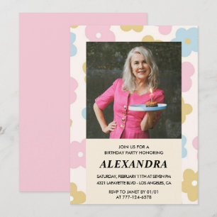 Pink Retro Photo Floral 81st birthday invitation