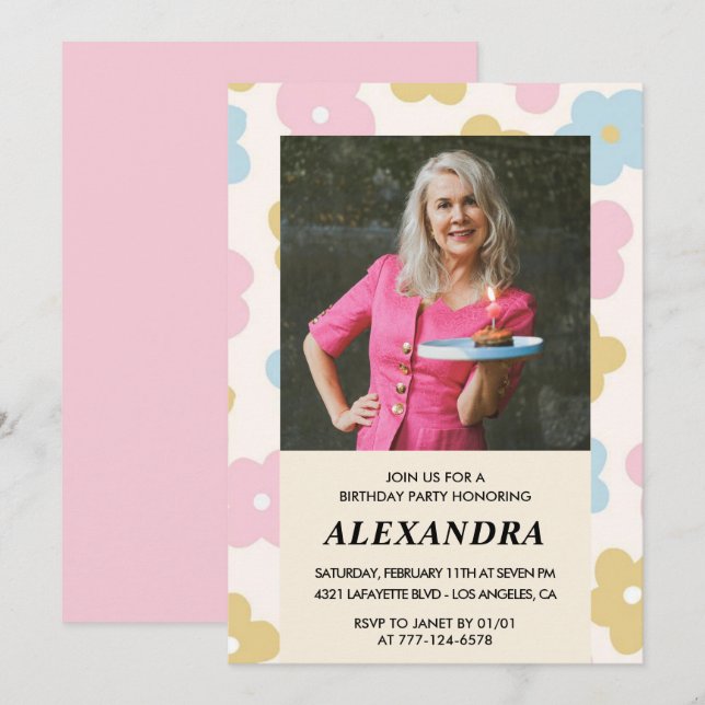 Pink Retro Photo Floral 83rd birthday invitation  (Front/Back)