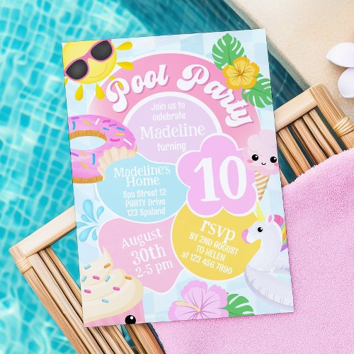 Pink Retro Pool Party Birthday Invitation