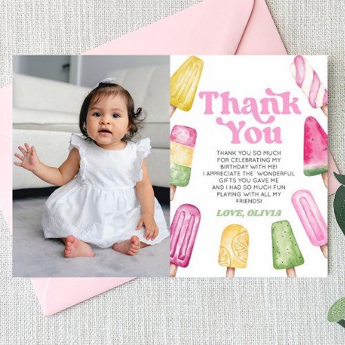 Pink Retro Popsicle Custom Picture Birthday Party Thank You Card