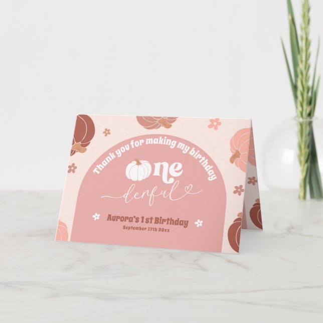 Pink Retro Pumpkin 1st Birthday Folded  Thank You (Front)