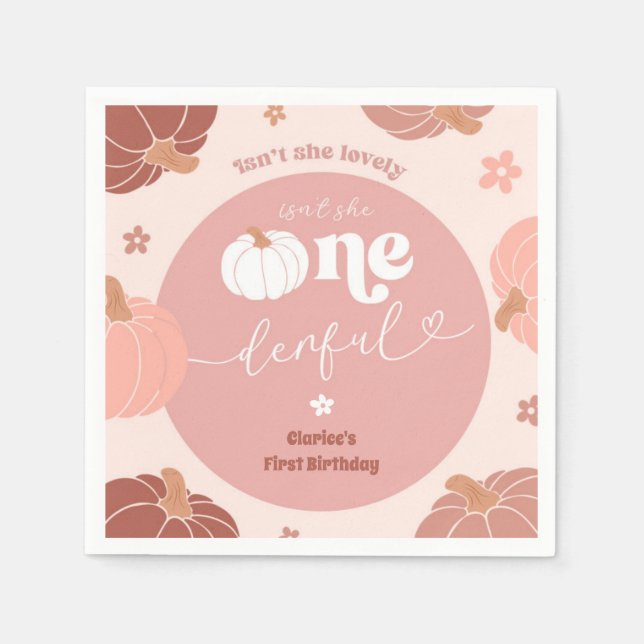 Pink Retro Pumpkin 1st Birthday Paper Napkin (Front)