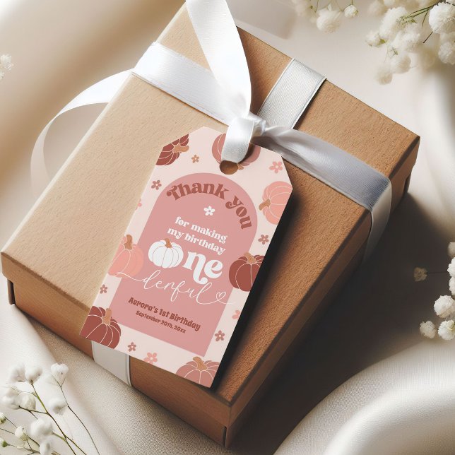 Pink Retro Pumpkin 1st Birthday Thank You Tag (Creator Uploaded)