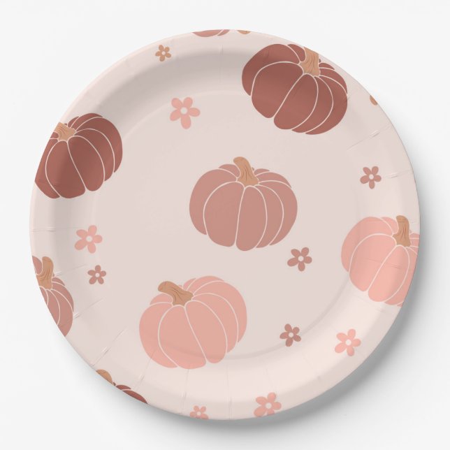 Pink Retro Pumpkin First Birthday Paper Plate (Front)