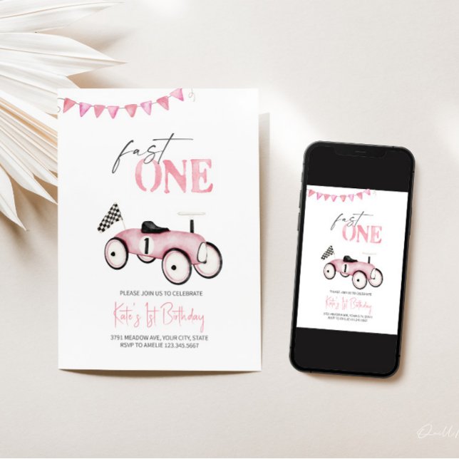 Pink Retro Race Car Ride-On Birthday Invitation  (Creator Uploaded)