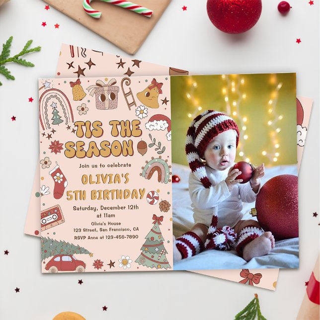 Pink Retro Rainbow Christmas Tree Birthday Photo Invitation (Creator Uploaded)