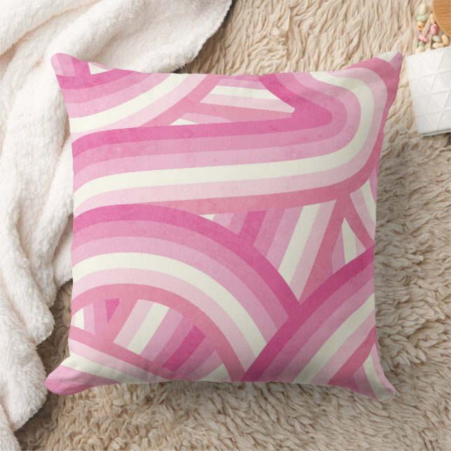 Pink Retro Rainbow Stripes Pattern Throw Pillow (Blanket)