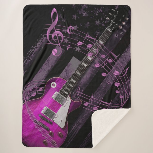 Pink Retro Rock Industrial American Flag Guitar Sherpa Blanket (Front)