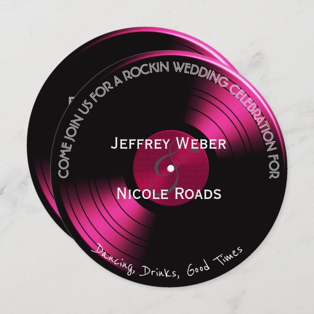 Pink Retro Rock n Roll Vinyl Record Wedding Card (Front/Back)